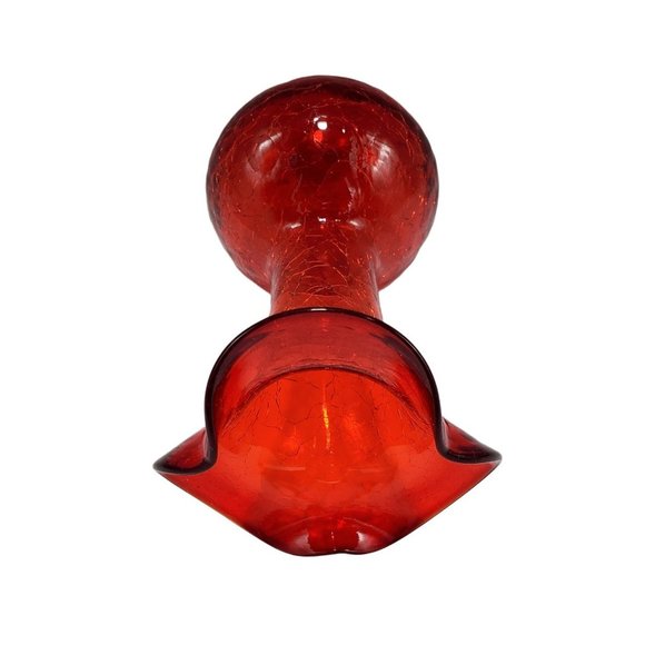 Vintage Pilgrim Hand Blown Glass Ruby Red Crackle Ruffled Top Vase WV - Picture 7 of 9